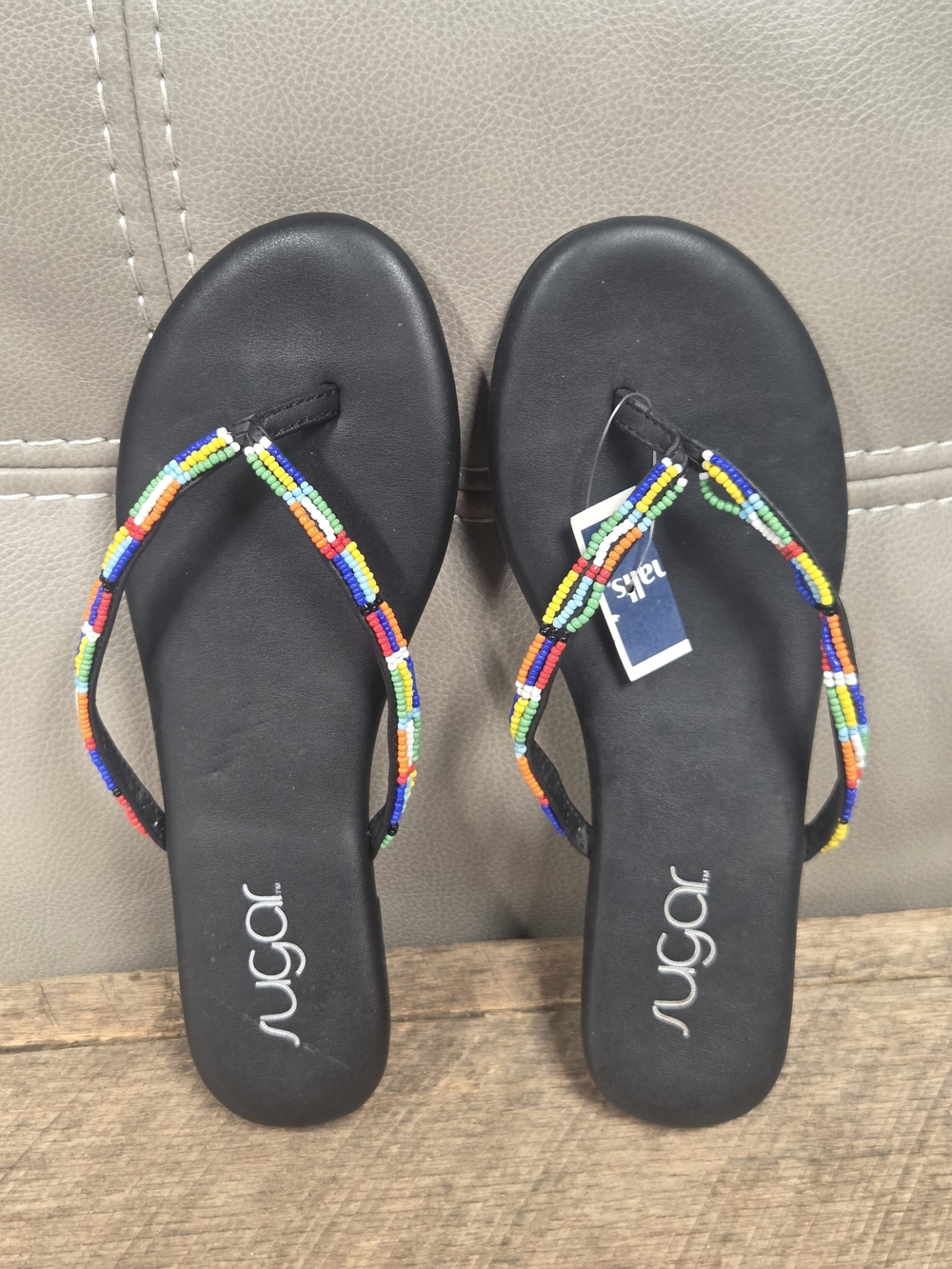 Never Worn Sugar Flat Flip Flop Sandals w/ Rainbow Beaded Straps – Bin 1k